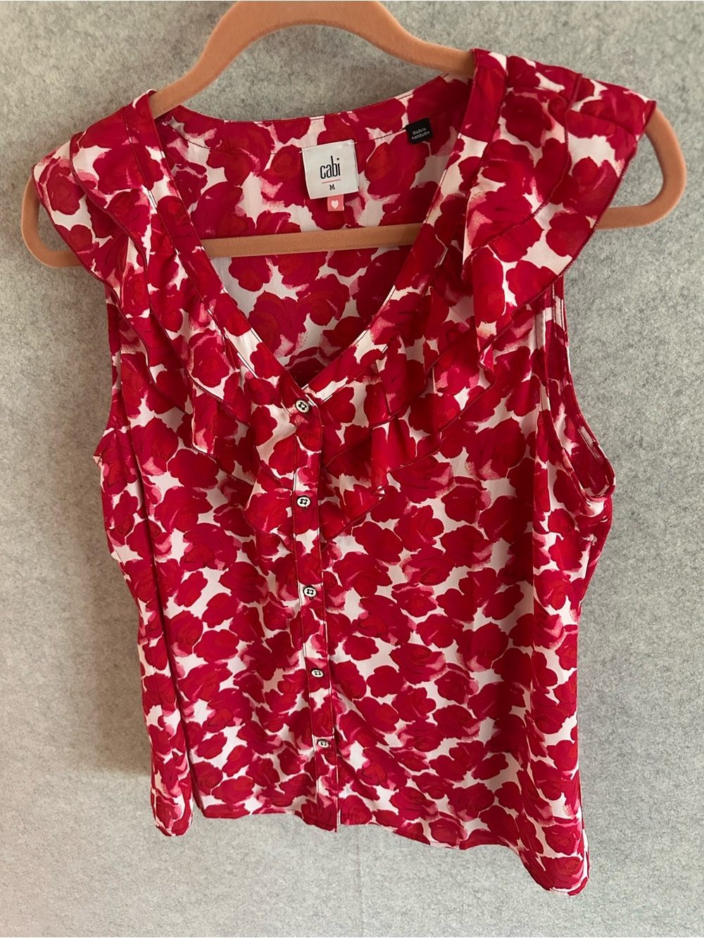 Cabi Red and White Floral Ruffle V-Neck Button Front Top